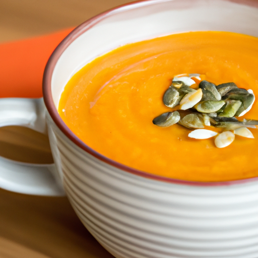 A vibrant orange bowl of butternut squash soup topped with roasted pumpkin seeds.