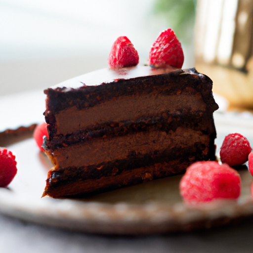 A decadent chocolate cake with a glossy ganache and fresh raspberries on top.