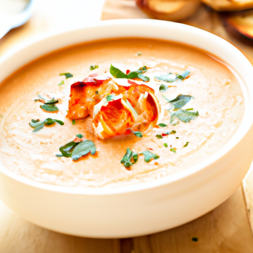 A bowl of creamy lobster bisque garnished with fresh herbs.