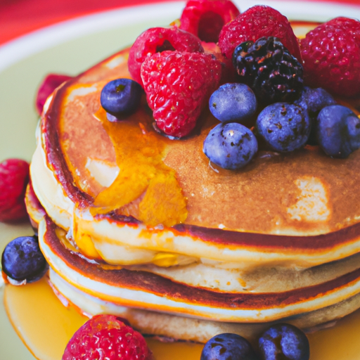 A colorful plate of fluffy pancakes topped with fresh berries and maple syrup.